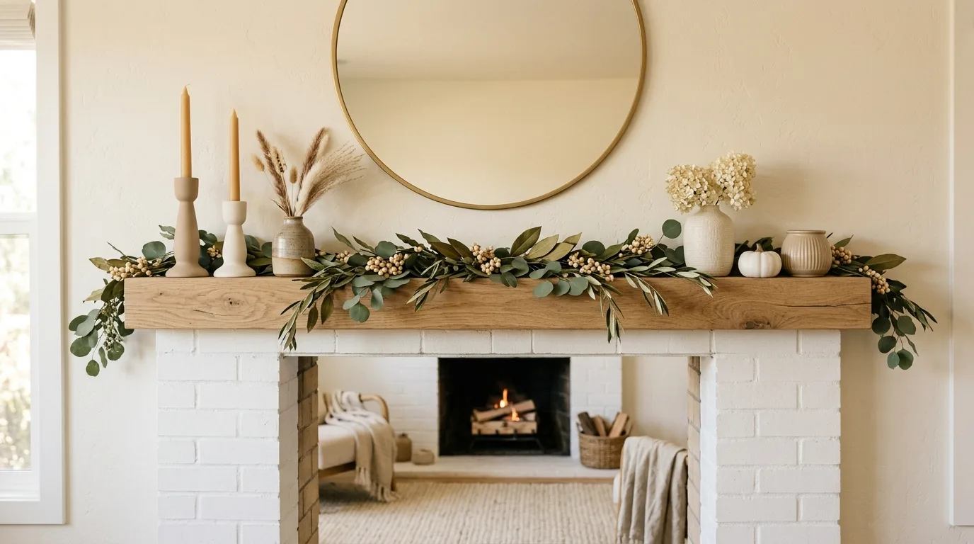 Keep the shelf line readable not overcrowded inspiration for a fall mantel display.